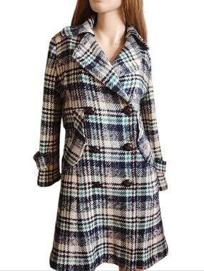 Wool Textured Plaid Trench Pea Lapel Coat Small Estimated Size 2 to 4